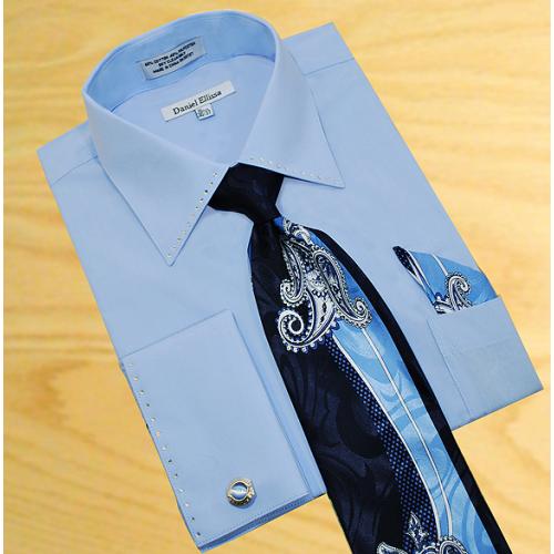 Daniel Ellissa Solid Sky Blue With Crystals Shirt/Tie/Hanky Set With Free Cuff Links DS3746P2